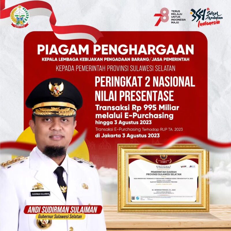 E-Katalog Sulsel Meningkat Rp995 Miliar, Gubernur Diganjar Terbaik 2 Nasional dari LKPP