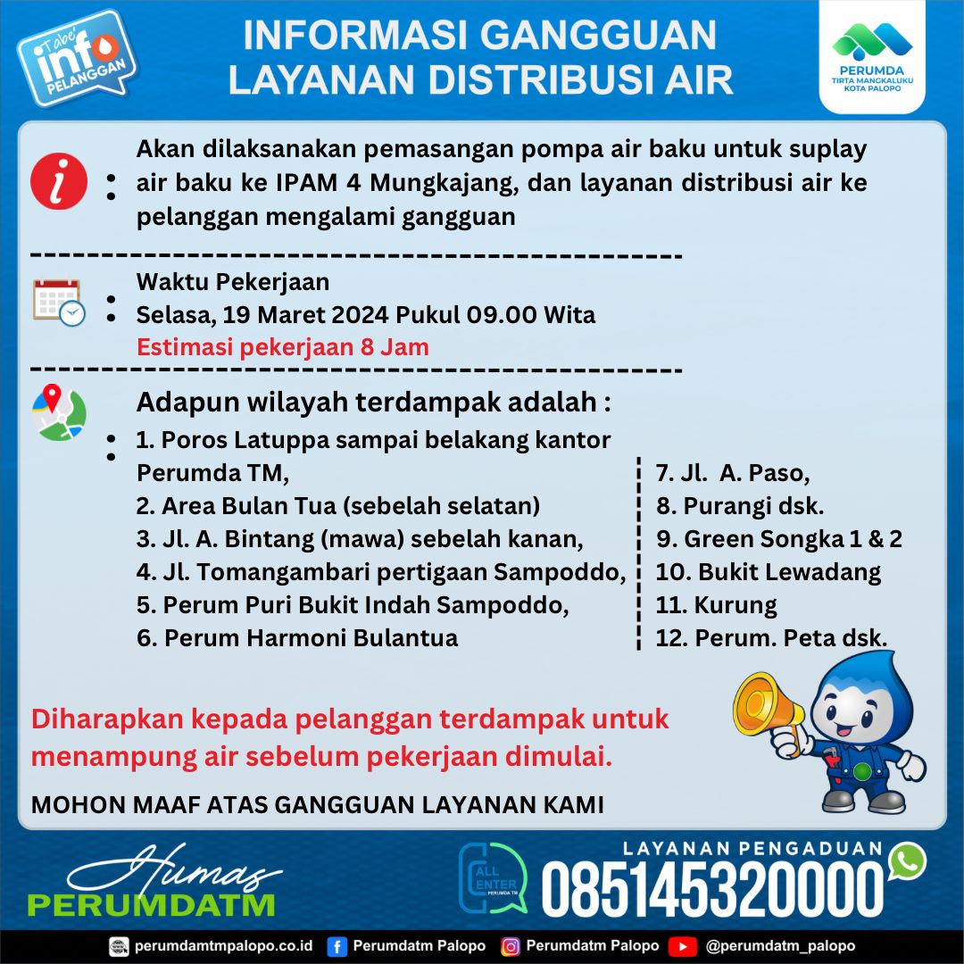 Layanan Air Terganggu Saat Pemasangan Pompa, PAM-TM Palopo Imbau Pelanggan Tampung Air