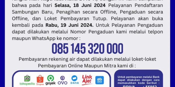 Libur Lebaran, Pelayanan Offline PAM TM Kembali Buka 19 Juni 2024
