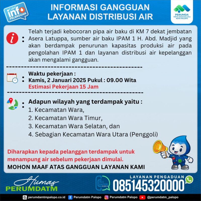 Perumda-TM Umumkan Gangguan Layanan Distribusi Air di Wilayah Ini