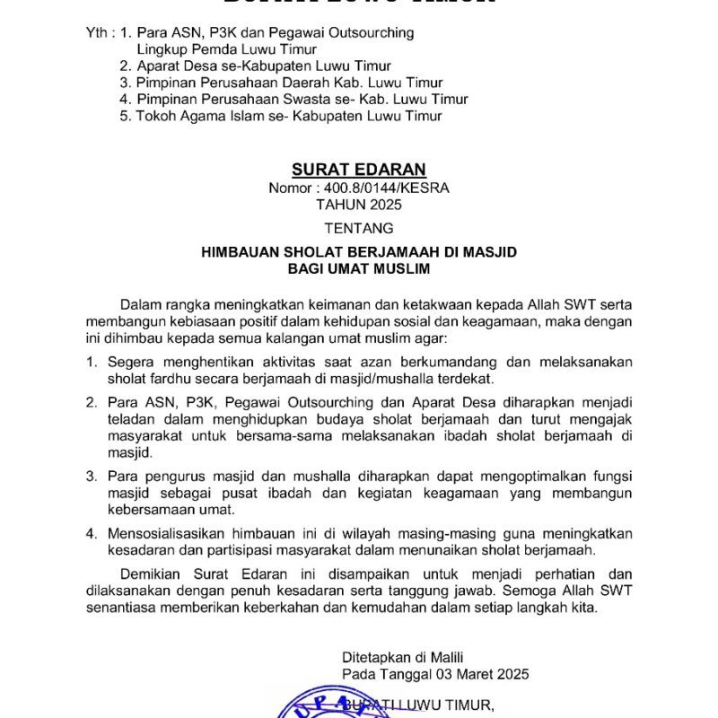 Hari Pertama Bertugas, Ibas Buat Aturan Shalat Berjamaah Bagi ASN di Lutim