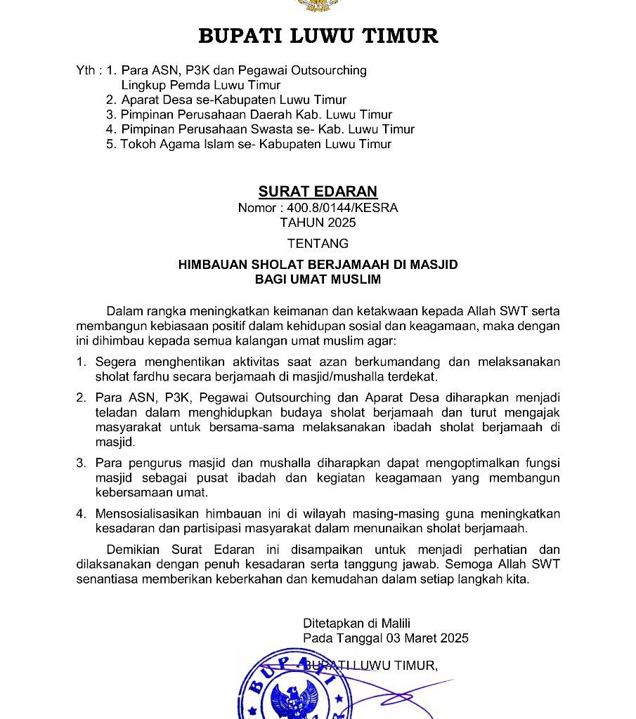 Hari Pertama Bertugas, Ibas Buat Aturan Shalat Berjamaah Bagi ASN di Lutim