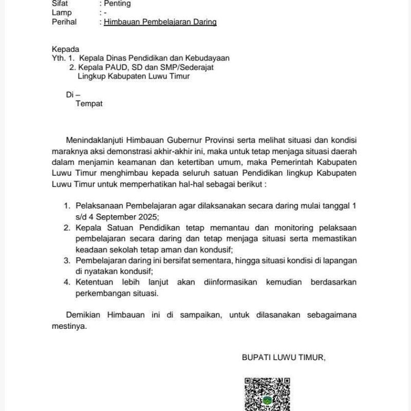 Bupati Lutim Keluarkan Edaran Pembelajaran Daring bagi Sekolah