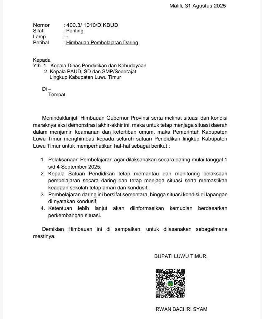 Bupati Lutim Keluarkan Edaran Pembelajaran Daring bagi Sekolah