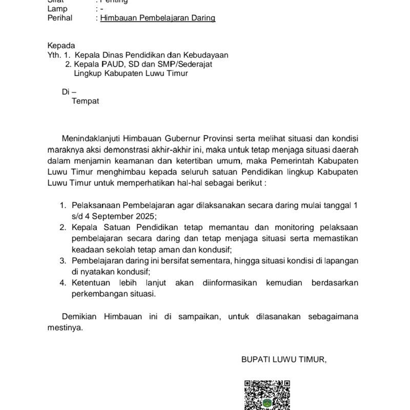 Bupati Lutim Keluarkan SE Terkait Pembelajaran Daring