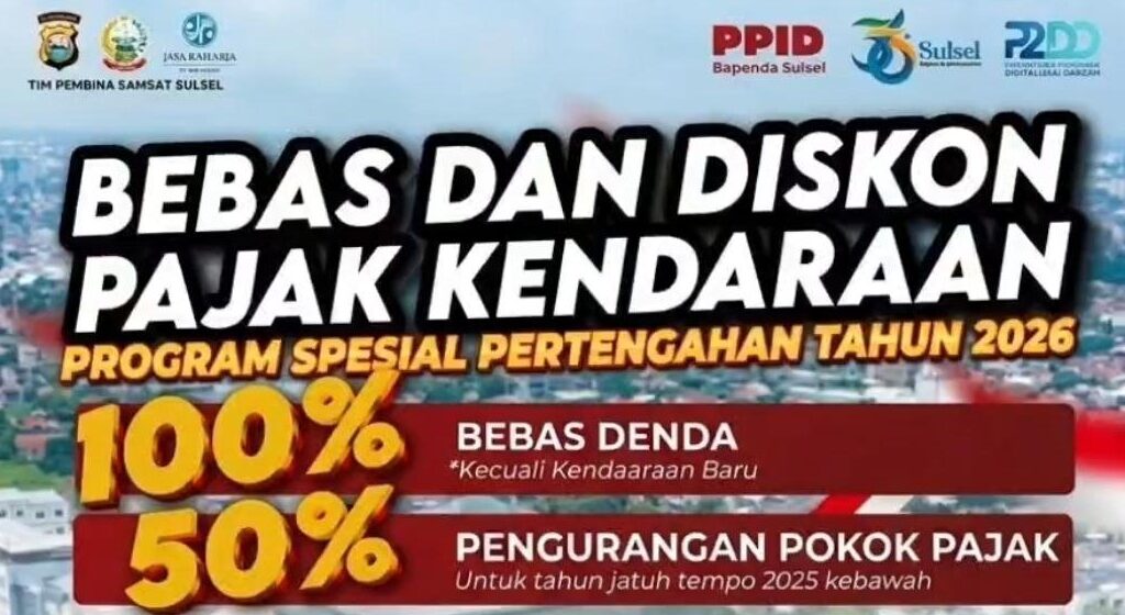 Pemprov Sulsel Hapus Denda Pajak Kendaraan 100 Persen, Diskon Pokok Pajak hingga 50 Persen Pemprov Sulsel Hapus Denda Pajak Kendaraan 100 Persen, Diskon Pokok Pajak hingga 50 Persen