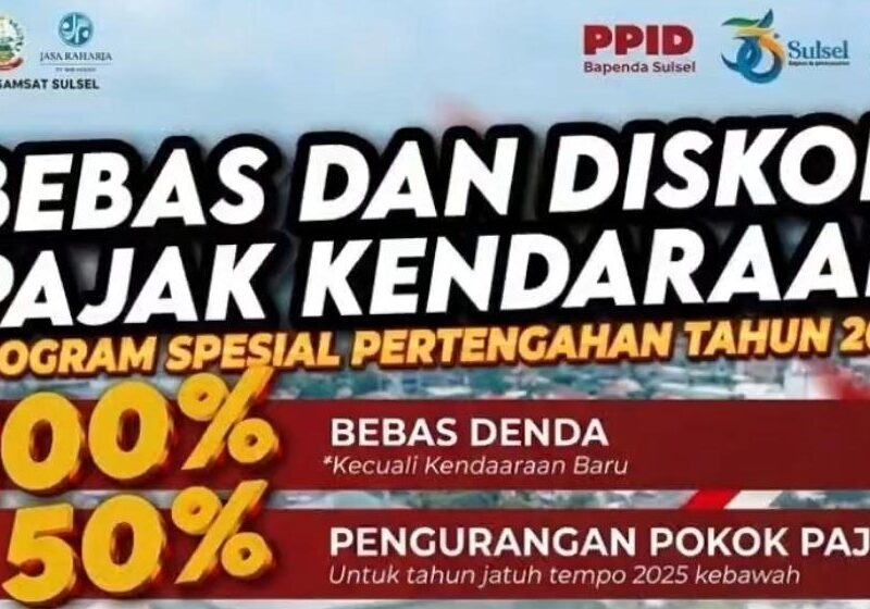 Pemprov Sulsel Hapus Denda Pajak Kendaraan 100 Persen, Diskon Pokok Pajak hingga 50 Persen Pemprov Sulsel Hapus Denda Pajak Kendaraan 100 Persen, Diskon Pokok Pajak hingga 50 Persen