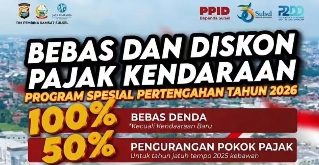 Pemprov Sulsel Hapus Denda Pajak Kendaraan 100 Persen, Diskon Pokok Pajak hingga 50 Persen